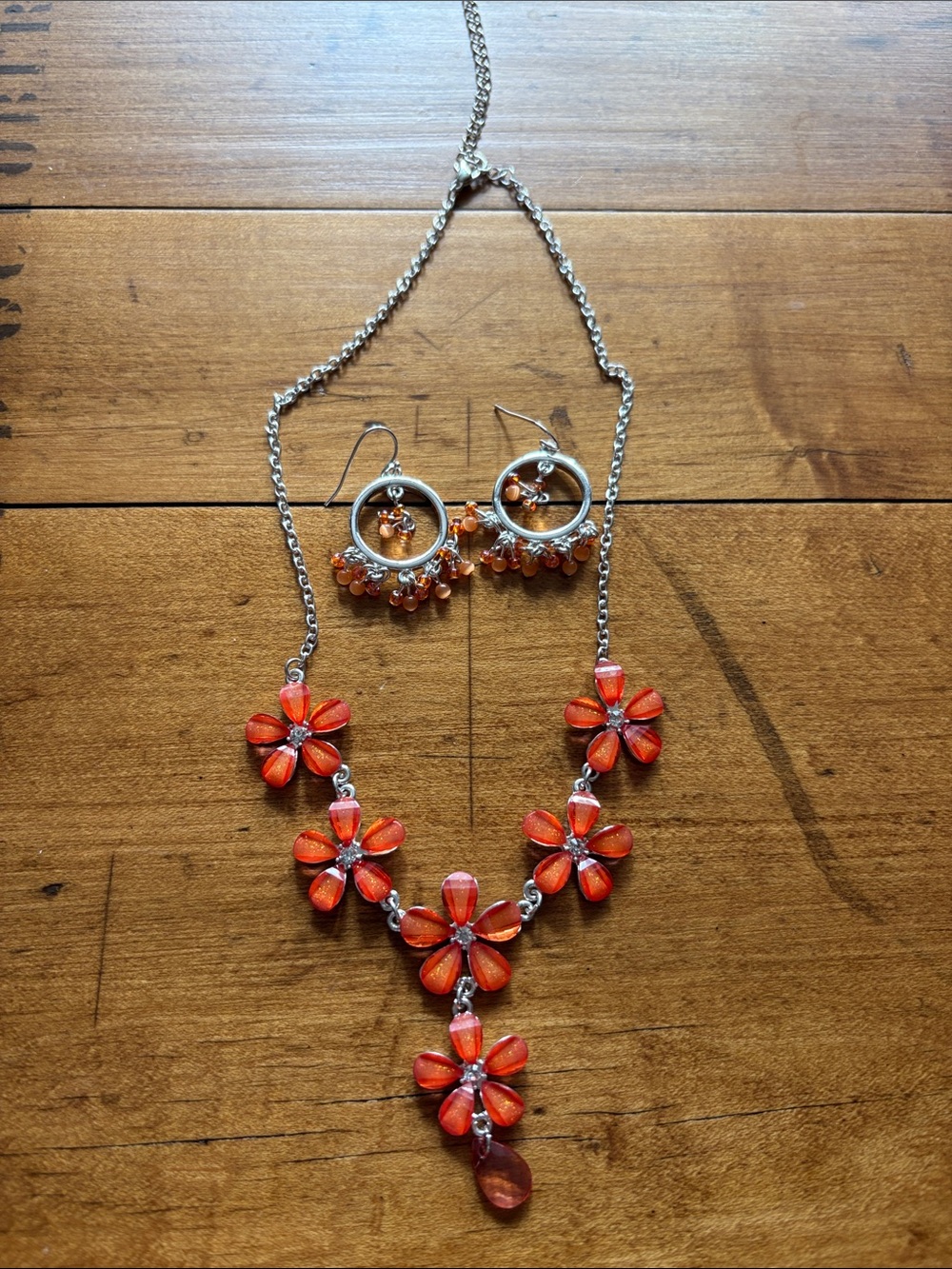 Orange Floral Drop Necklace & Earrings Set - Women Jewelry
